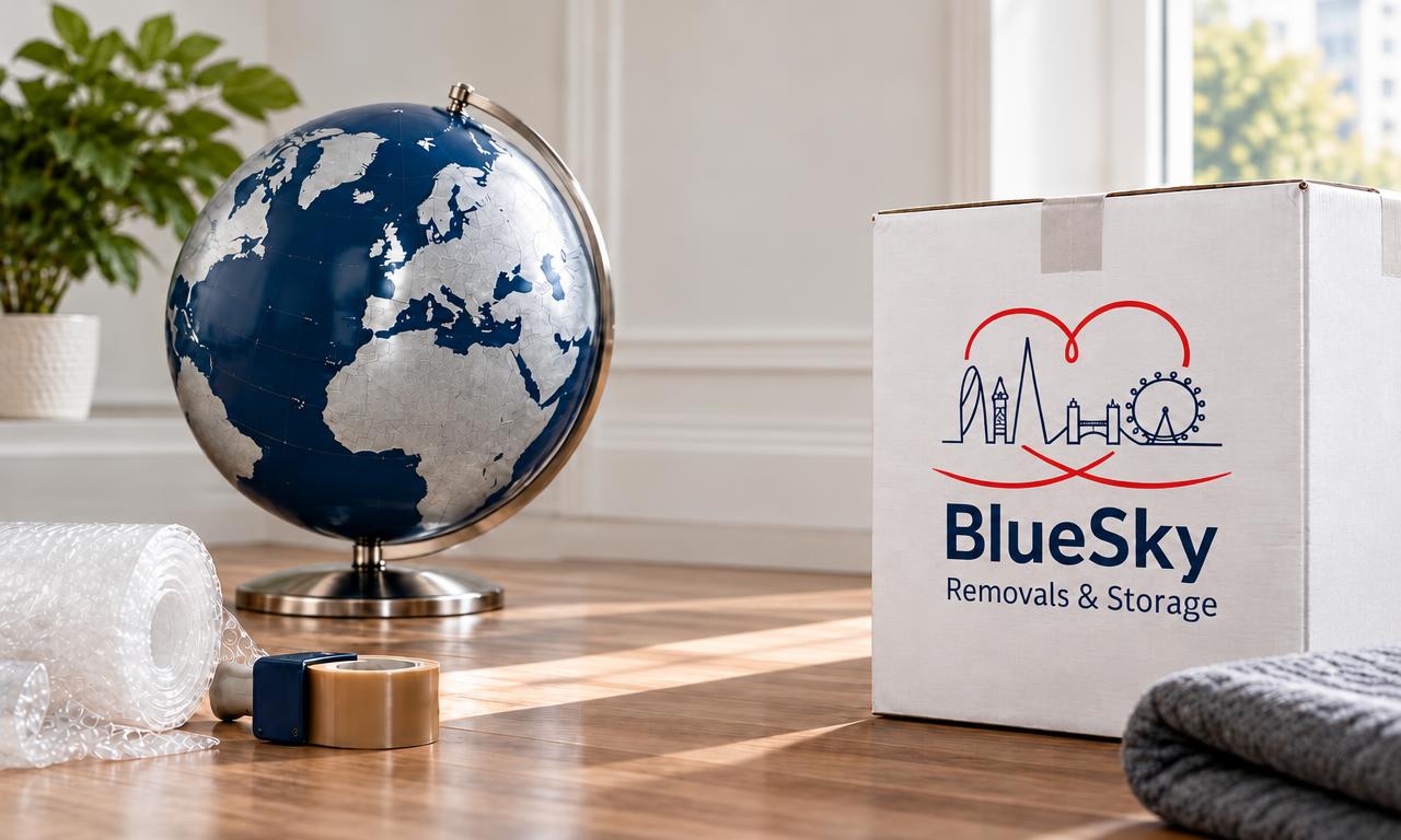 Globe beside one white BlueSky-branded moving box for international removals