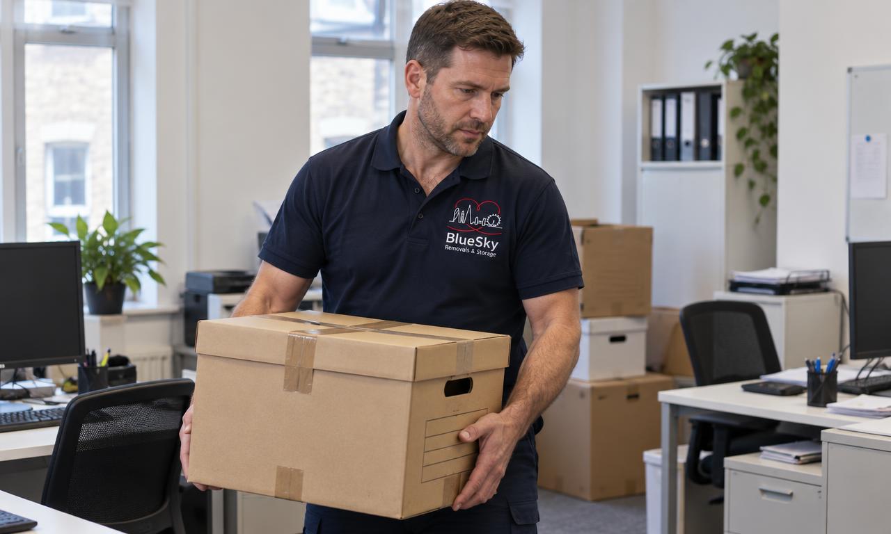 Movers preparing furniture and boxes for an office relocation