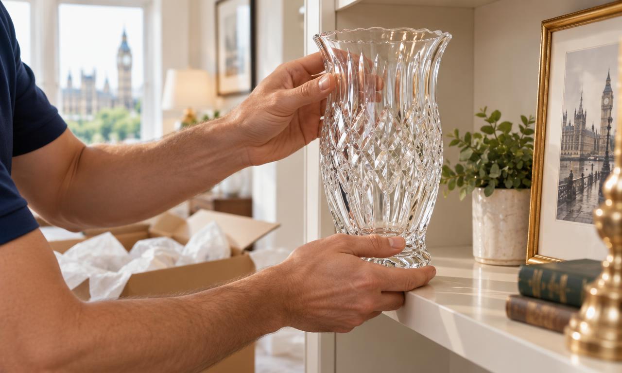 Close-up of careful hands placing a fragile crystal vase on a shelf